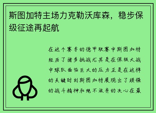 斯图加特主场力克勒沃库森，稳步保级征途再起航
